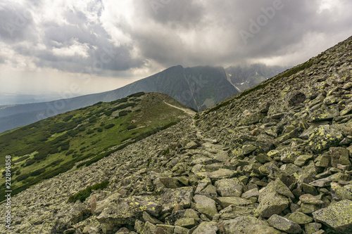 Rocky trail in the High Tatra Mountains in Slovakia near Ostrva.