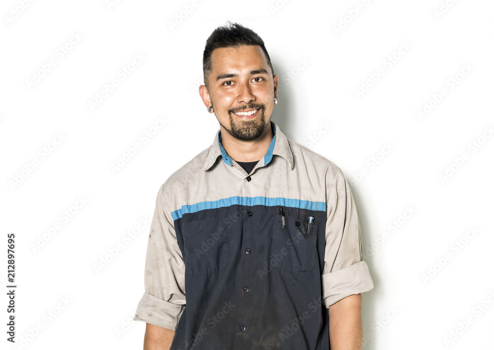 Fototapeta premium Handsome auto mechanic on white background