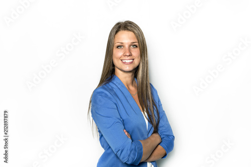 Handsome car saleswoman on white background photo