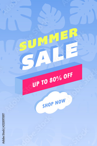 Summer sale design layout for banner, advertisement, card, poster etc. Background with trendy stripes, coconut palm leaves and gradient background. photo