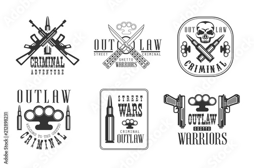 Vector set of black and white emblems related to ghetto theme. Outlaw life. Labels with brass knuckles, weapon, bullets and skull