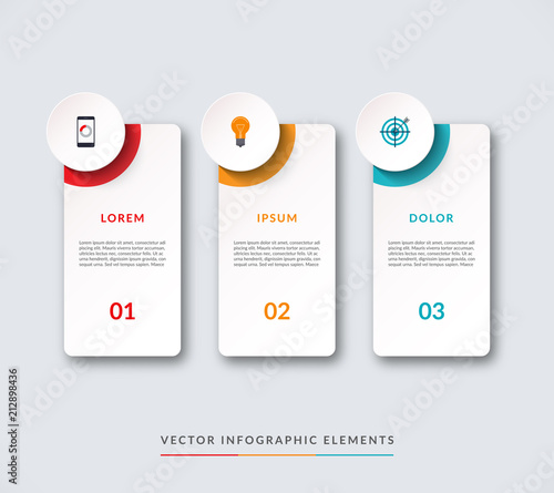 Infographic banner with 3 circles and tabs. Can be used as a diagram, graph, chart, info graphic or website layout.
