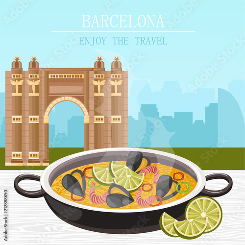 Paella national spanish dish Vector. Barcelona architecture on backgrounds
