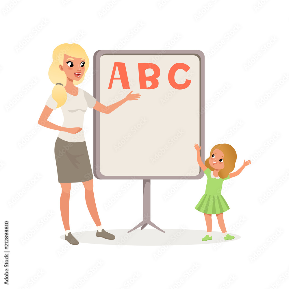 Happy little girl and teacher standing next to blackboard with ABC letters. Kid learning alphabet. Lesson in kindergarten. Flat vector design Happy little girl and teacher standing next to blackboard with ABC letters. Kid learning alphabet. Lesson in kindergarten. Flat vector design