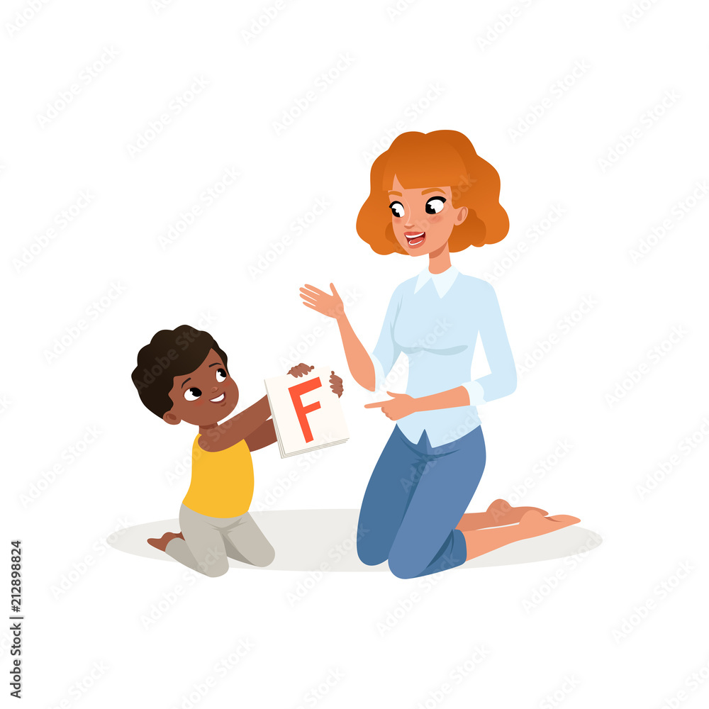 Little kid showing flash card with letter F to his teacher. Child development and education center. Flat vector design