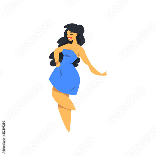 Beautiful curvy, overweight brunette girl with long hair in blue dress, plus size woman pinup model vector Illustration