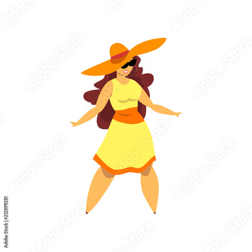 Beautiful curvy, overweight brunette girl in yellow dress and hat, plus size woman pinup model vector Illustration