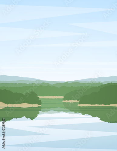 Vector illustration: Vertical summer river landscape