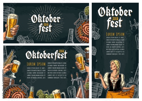 Three poster to oktoberfest festival. Vintage vector engraving illustration photo