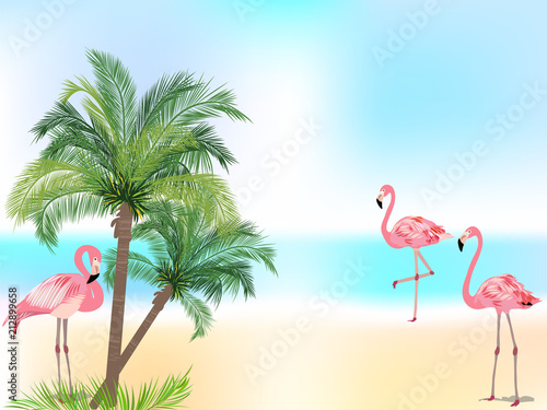 Tropical jungle vector background, frame with flamingo and palm tree