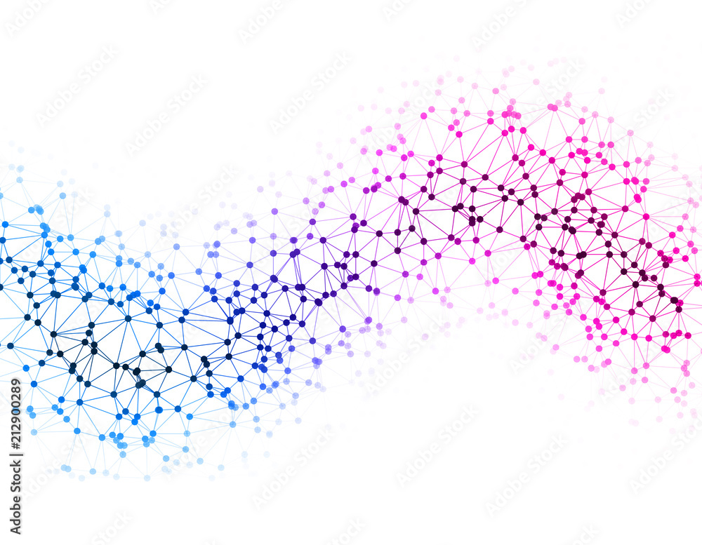 The dots are connected by lines in the form of a wave. Abstract vector illustration on the topic of large data, chemistry, social networks - obrazy, fototapety, plakaty 