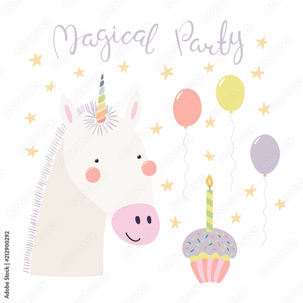 Hand drawn birthday card with cute funny unicorn, balloons, cupcake, quote Magical party. Isolated objects. Scandinavian style flat design. Vector illustration. Concept for kids print.