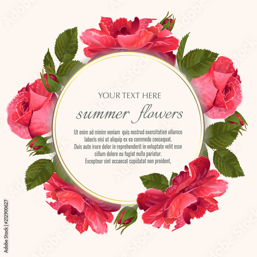 Template for greeting cards, wedding decorations, sales. Round Vector banner with Luxurious rose flowers. Spring or summer design.