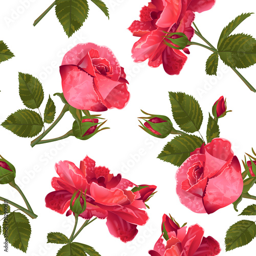 Vector botanical seamless pattern with Luxurious bright red roses flowers.Modern floral pattern for textile, wallpaper, print, gift wrap, greeting or wedding background. Spring or summer design.
