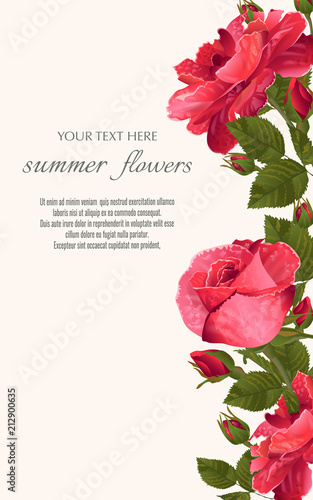 Template for greeting cards, wedding decorations, invitation,sales. Vector banner with Luxurious roses flowers. Spring or summer design.