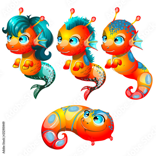 Set fantasy cartoon seahorse isolated on a white background. Stages of transformation from larvae in the sea pony with Golden hooves. Vector illustration.