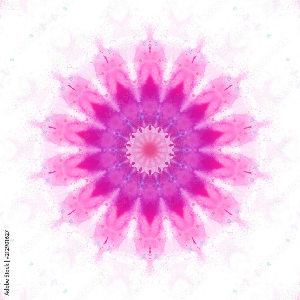 Obraz premium Pink watercolor mandala. Kaleidoscope abstract wallpaper. Sacred geometry digital painting art. Ethnic fractal artwork. Symmetric stylish graphic design pattern. Print for fabric, textile or paper