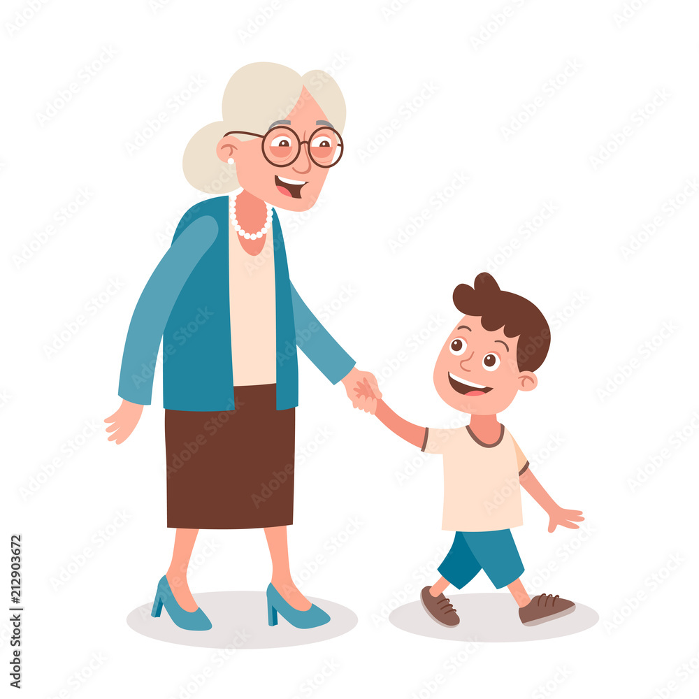 Grandmother and grandson walking and speaking, she takes him by the hand. Cartoon style, isolated on white background. Vector illustration.