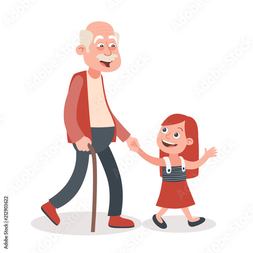 Grandfather and granddaughter walking and speaking, he takes her by the hand. Cartoon style, isolated on white background. Vector illustration.