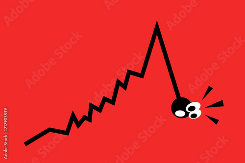 Chart is going up and then is falling down - downfall, donwgrade and decline of value. Negative comic and cartoon expression of fright and threat. Vector illustration
