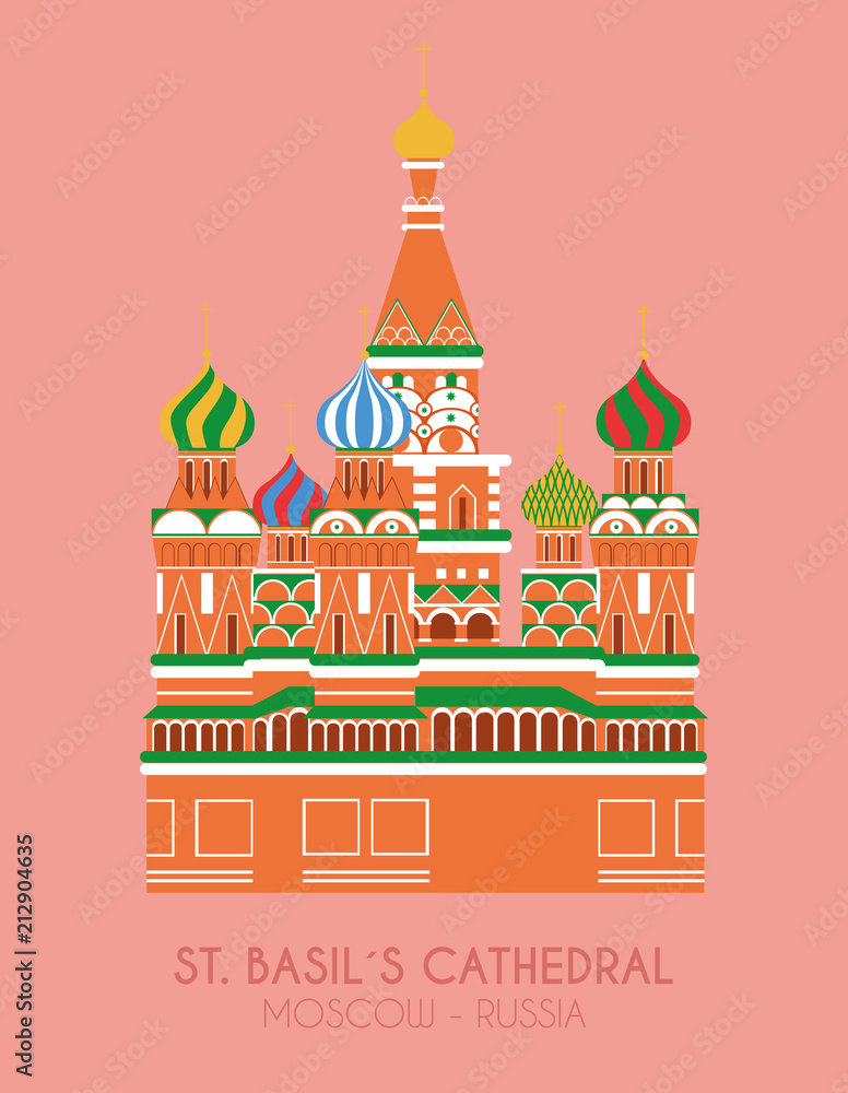 Modern design poster with colorful background of Saint Basils Cathedral (Moscow, Russia). Vector illustration