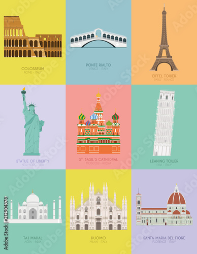 Modern design poster with colorful background of nine important monuments of the world Vector illustration