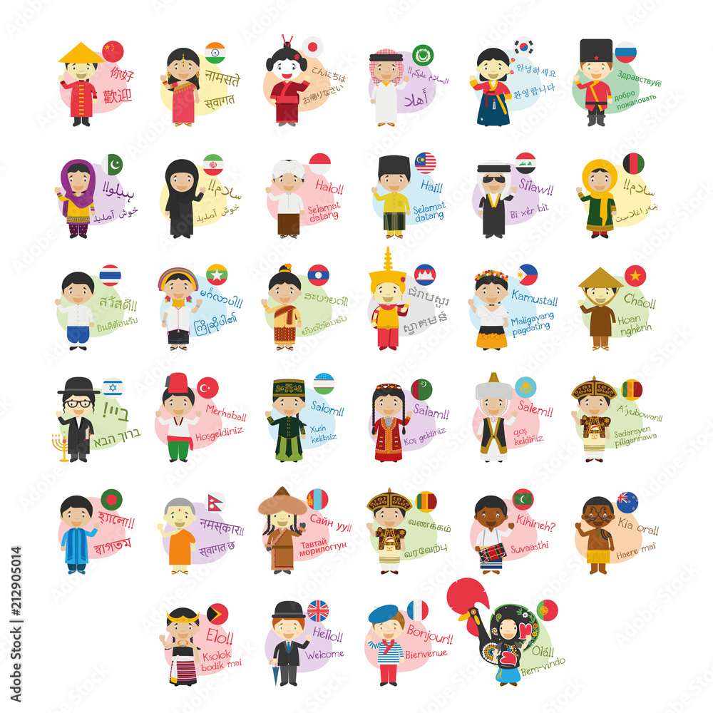 Vector illustration set of cartoon characters saying hello and welcom in 34 languages spoken in Asia and Oceania
