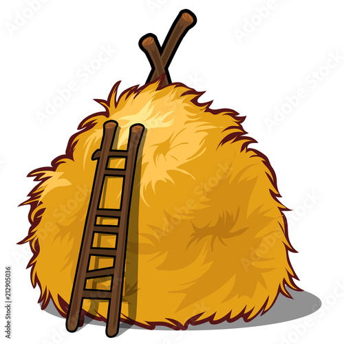 A haystack and a wooden ladder isolated on white background. A supply of feed for livestock, the object of agriculture. Vector illustration.