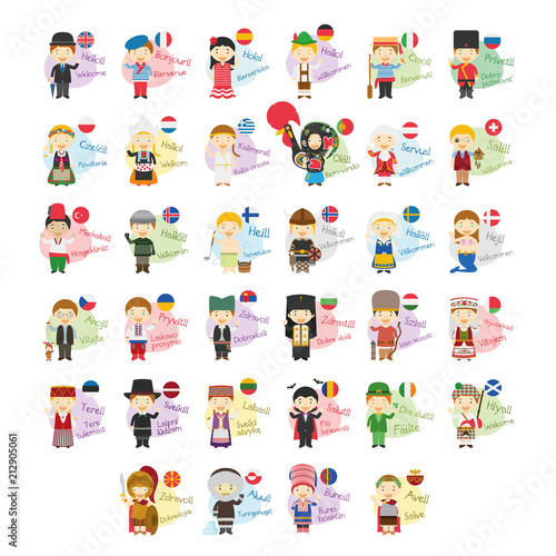 Vector illustration set of cartoon characters saying hello and welcom in 34 languages spoken in Europe photo