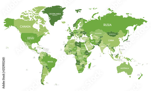 Political World Map vector illustration with different tones of green for each country and country names in spanish. Editable and clearly labeled layers.