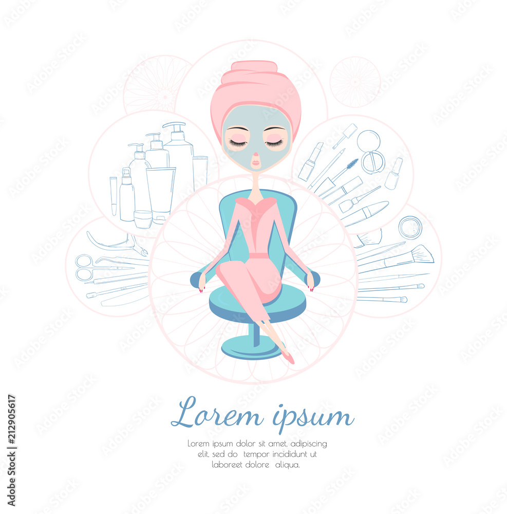 Obraz premium Beauty saloon. Template design for advertising or flyer. Girl doing spa treatment. Cosmetic products.