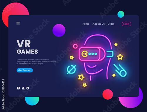 VR Games website concept banner Vector design template. Gamer light banner in neon style, Virtual Reality modern trend design, bright nightlife advertisement. Vector illustration