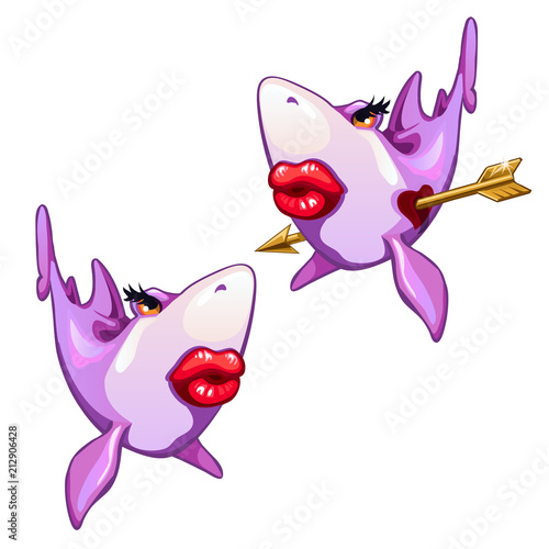 Shark fell in love isolated on white background. Vector cartoon close-up illustration.