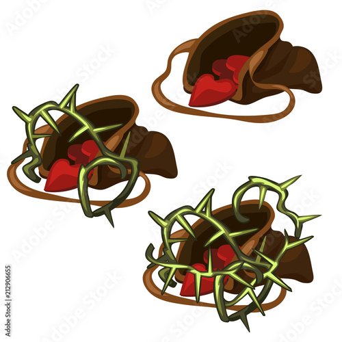Canvas bag with red hearts overgrown with prickles of blackthorn isolated on white background. Vector cartoon close-up illustration.