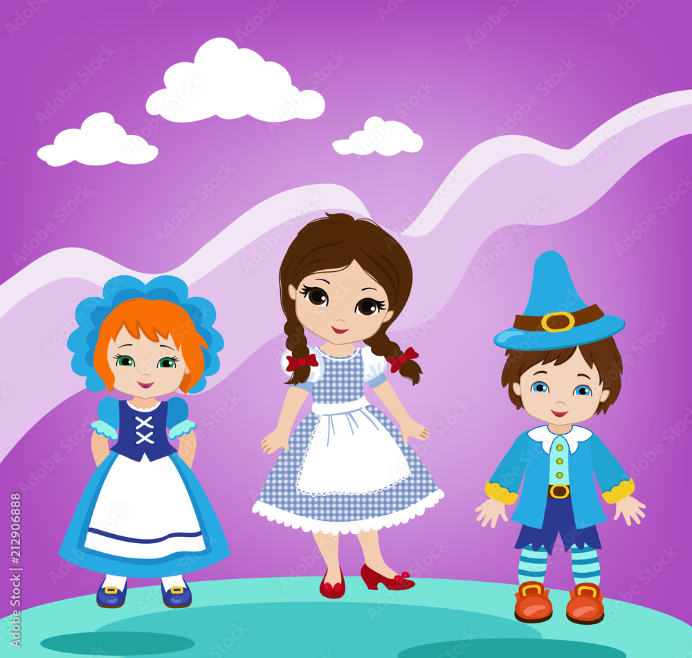 Illustration of Dorothy and the characters of the Emerald City on the background of a wonderful sky. Illustration of Dorothy and the characters of the Emerald City on the background of a wonderful sky.