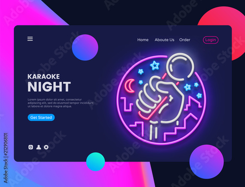 Karaoke Neon Horizontal Web Banner Vector. Live Music Advertising banner web interface in modern trend design, neon style, bright night advertising, design template. Vector illustration