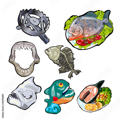 Set on the theme of toothy fish. Meals of piranha and sharks. Skeleton, jaw, skull of the ancient fish. Bear trap. Vector illustration.
