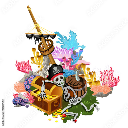 Ship after shipwreck is overgrown with colorful polyps and corals on the seabed. The skeleton of pirate hugs the chest of gold coins. Vector illustration.