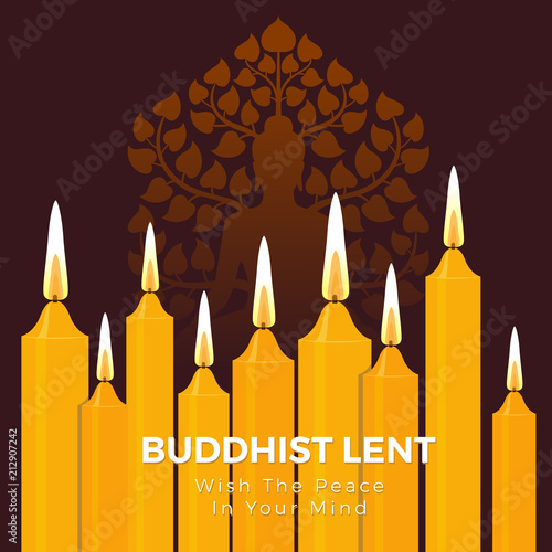 Buddhist lent day with the peace in your mind text on yellow candle light and Buddha sign vector background