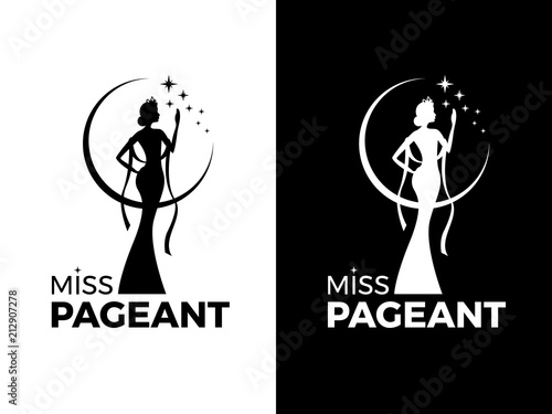 Miss lady pageant logo sign with queen wears evening gown and crown and star vector design