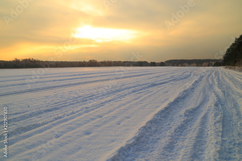Winter road in the field.