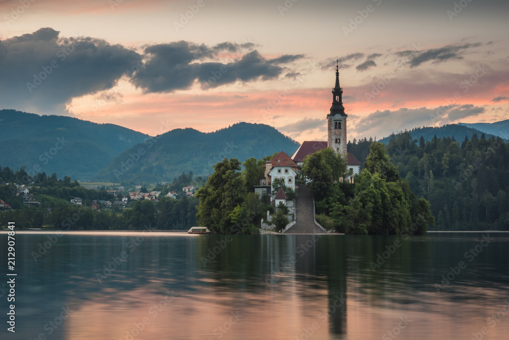 Dusk over the church on the island on Lake Bled, Slovenia