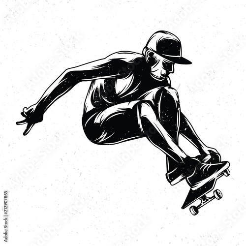 Isolated hand drawn illustration of boy flying on skateboard