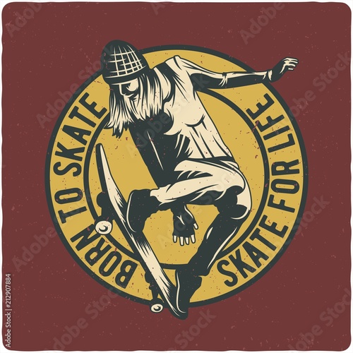 T-shirt or poster design with hand drawn illustration of girl flying on skateboard
