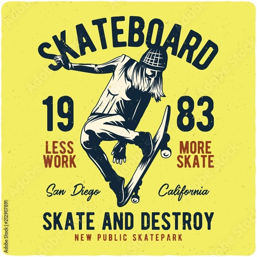 T-shirt or poster design with hand drawn illustration of girl flying on skateboard