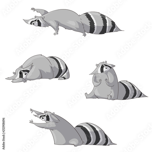 Set of colorful vector illustrations of cartoon raccoons
