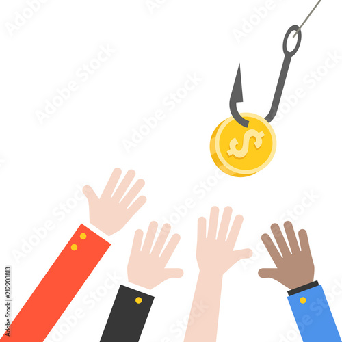 Many different hand try to grab dollar coon on fish hook, flat design