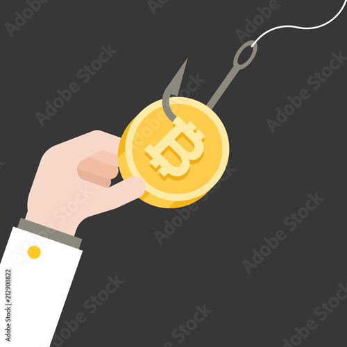 Business hand grab bitcoin on fish hook, flat design