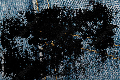 Dirty grunge Closeup of obsolete blue jeans pocket Denim texture, macro background for web site or mobile devices photo