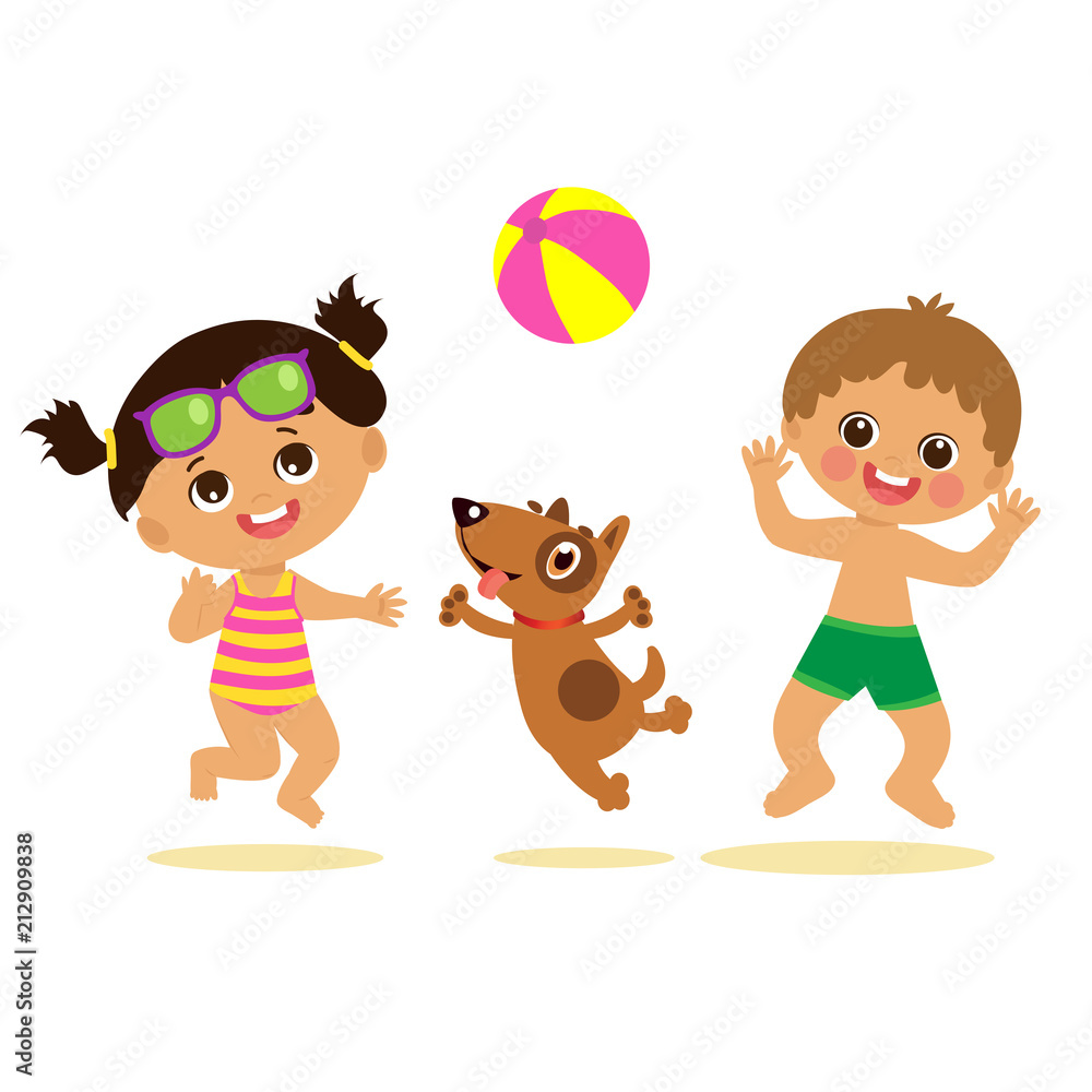 Let's Jump. Happy Holidays. Cute Summer Girl And Boy Cartoon Vector. Summer  Time Vector Illustration. Boy And Girl Playing Ball With A Dog. Kids On The  Beach Vector. Stock Vector | Adobe